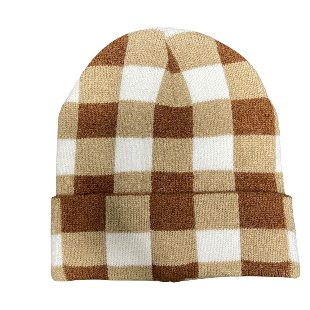 Maeve Brown & White Checkered Knit Beanie Hat